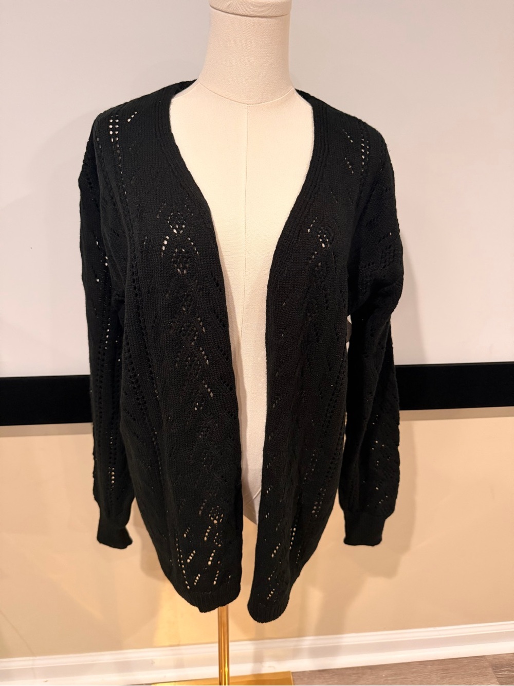 Black Open-Front Knit Cardigan Sweater
